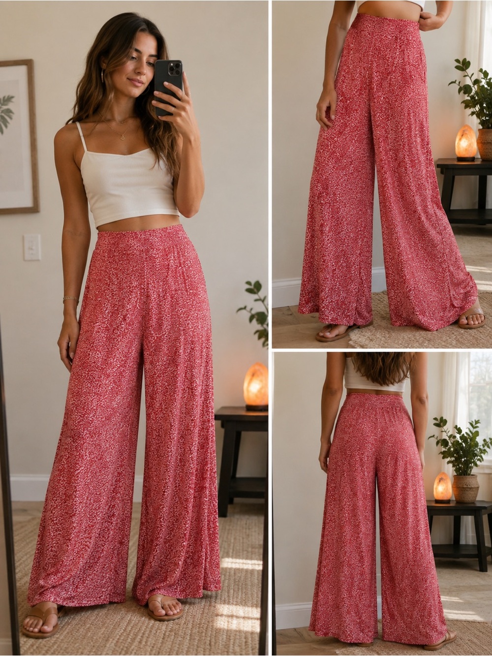 High-Waist Wide-Leg Pink Printed Lounge Pants